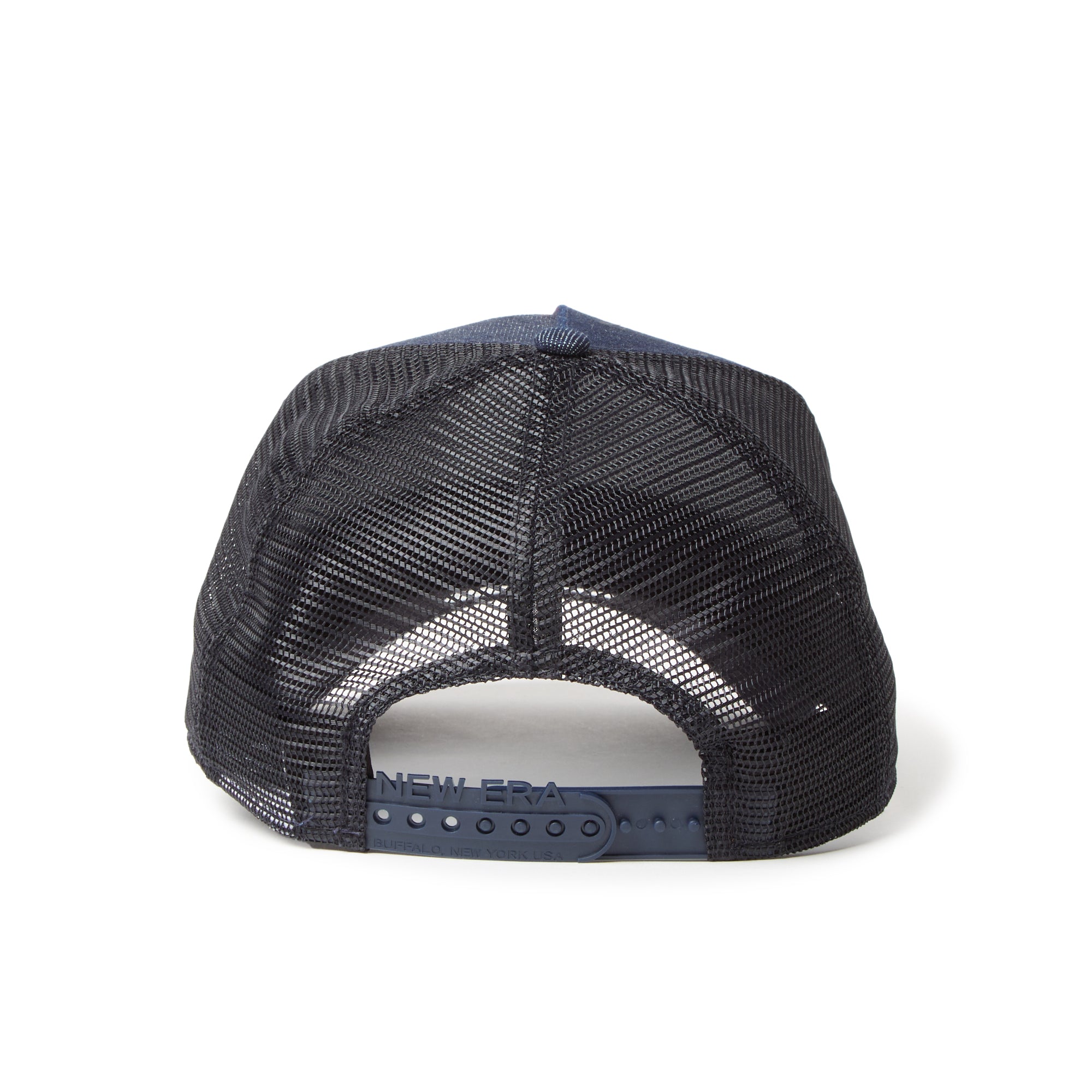 New Era 9FORTY A-Frame Trucker Woven Patch Navy Washed Denim Snapback