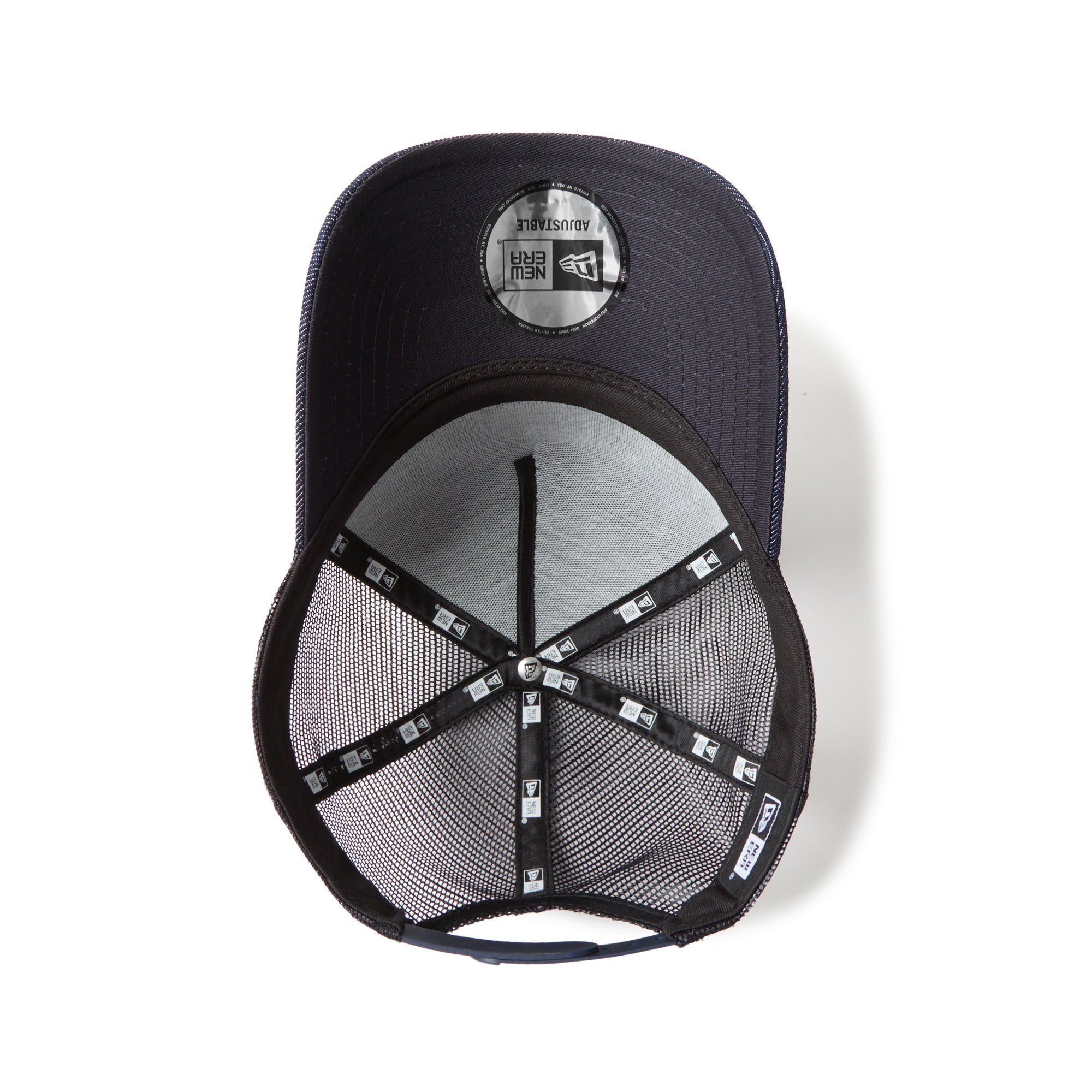 New Era 9FORTY A-Frame Trucker Woven Patch Navy Washed Denim Snapback