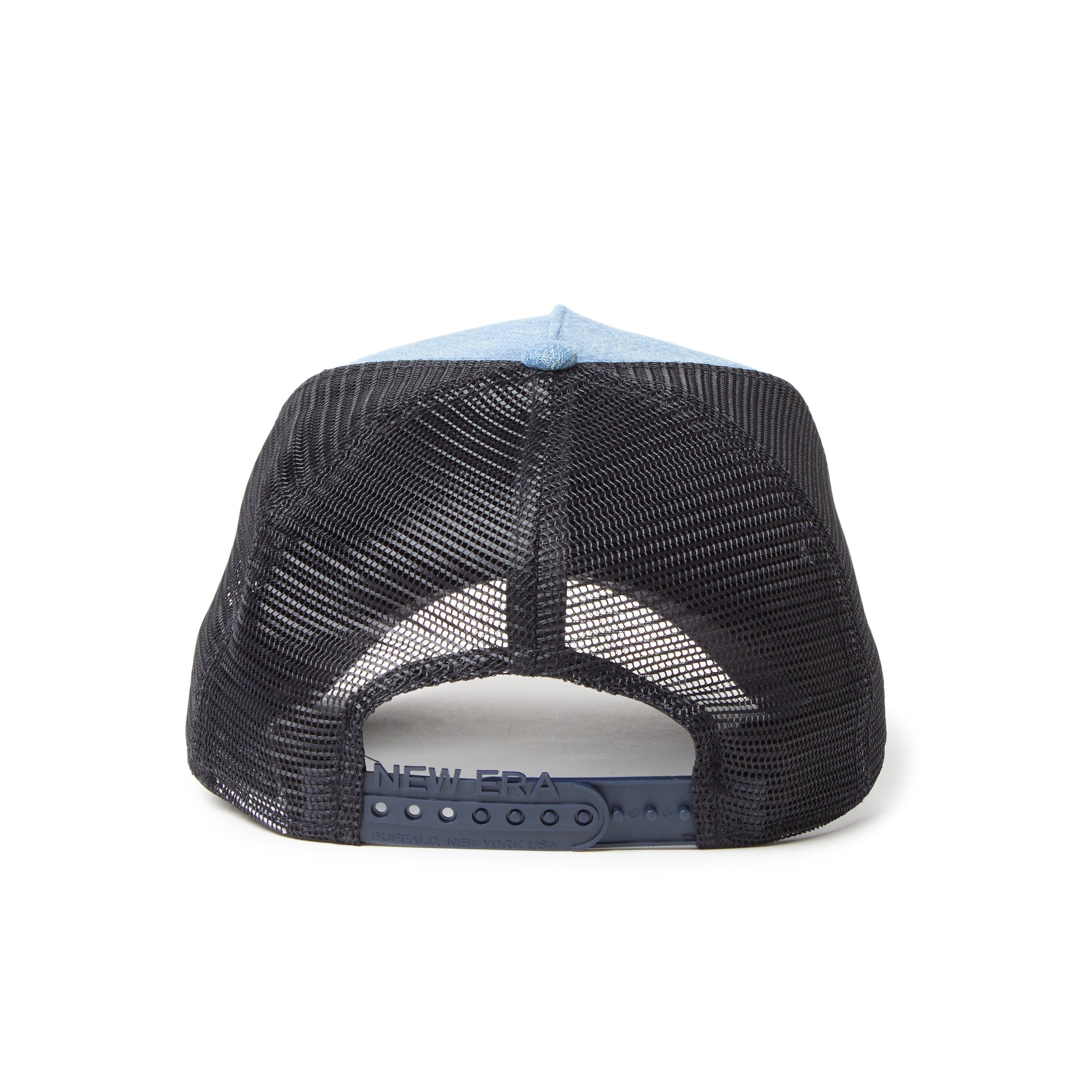 New Era 9FORTY A-Frame Trucker Woven Patch Blue Washed Denim Snapback Cap