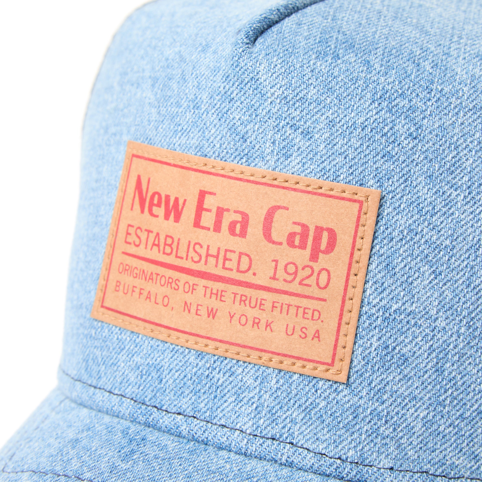 New Era 9FORTY A-Frame Trucker Woven Patch Blue Washed Denim Snapback Cap