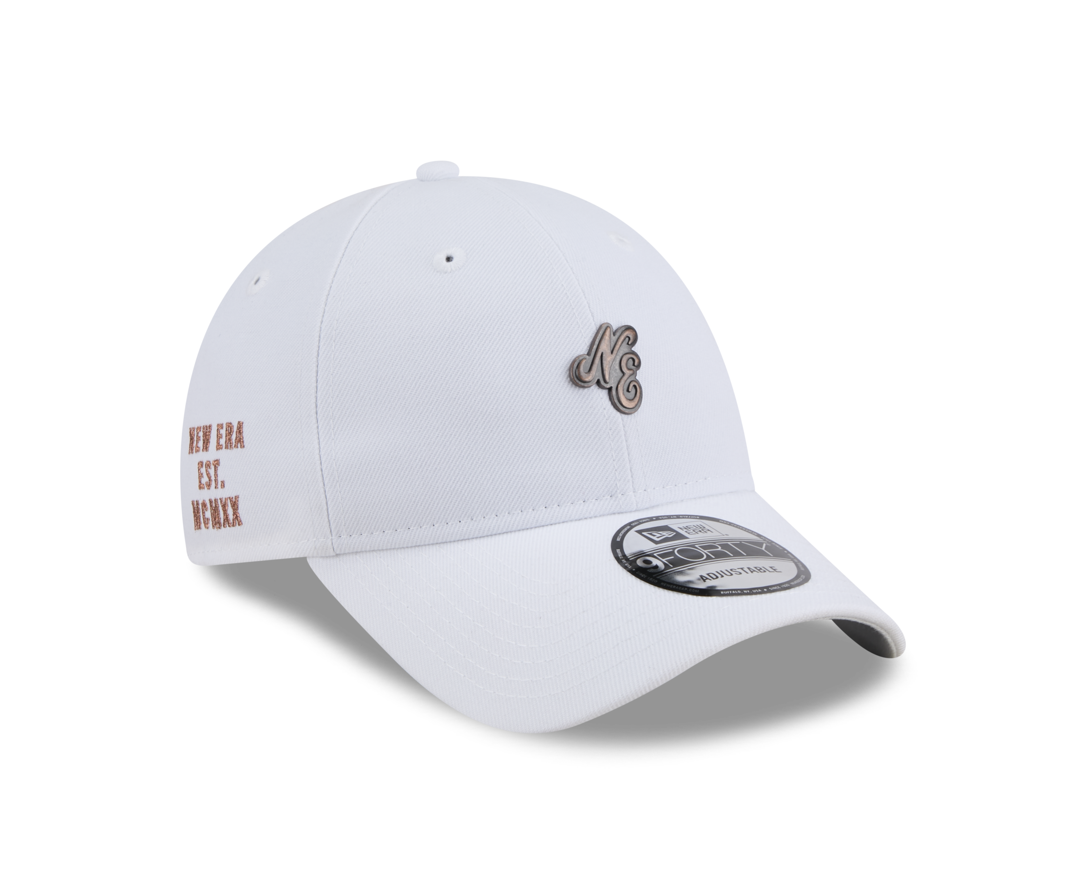 New Era 9FORTY NE Script Metal Bronze Badge White Unstructured Adjustable Cap