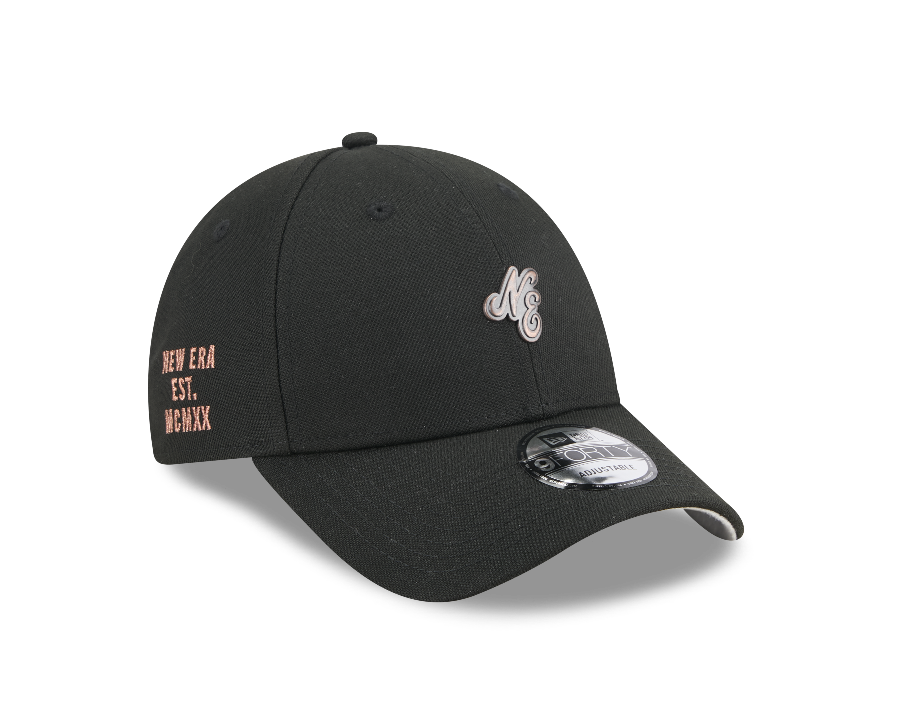 New Era 9FORTY NE Script Metal Bronze Badge Black Unstructured Adjustable Cap