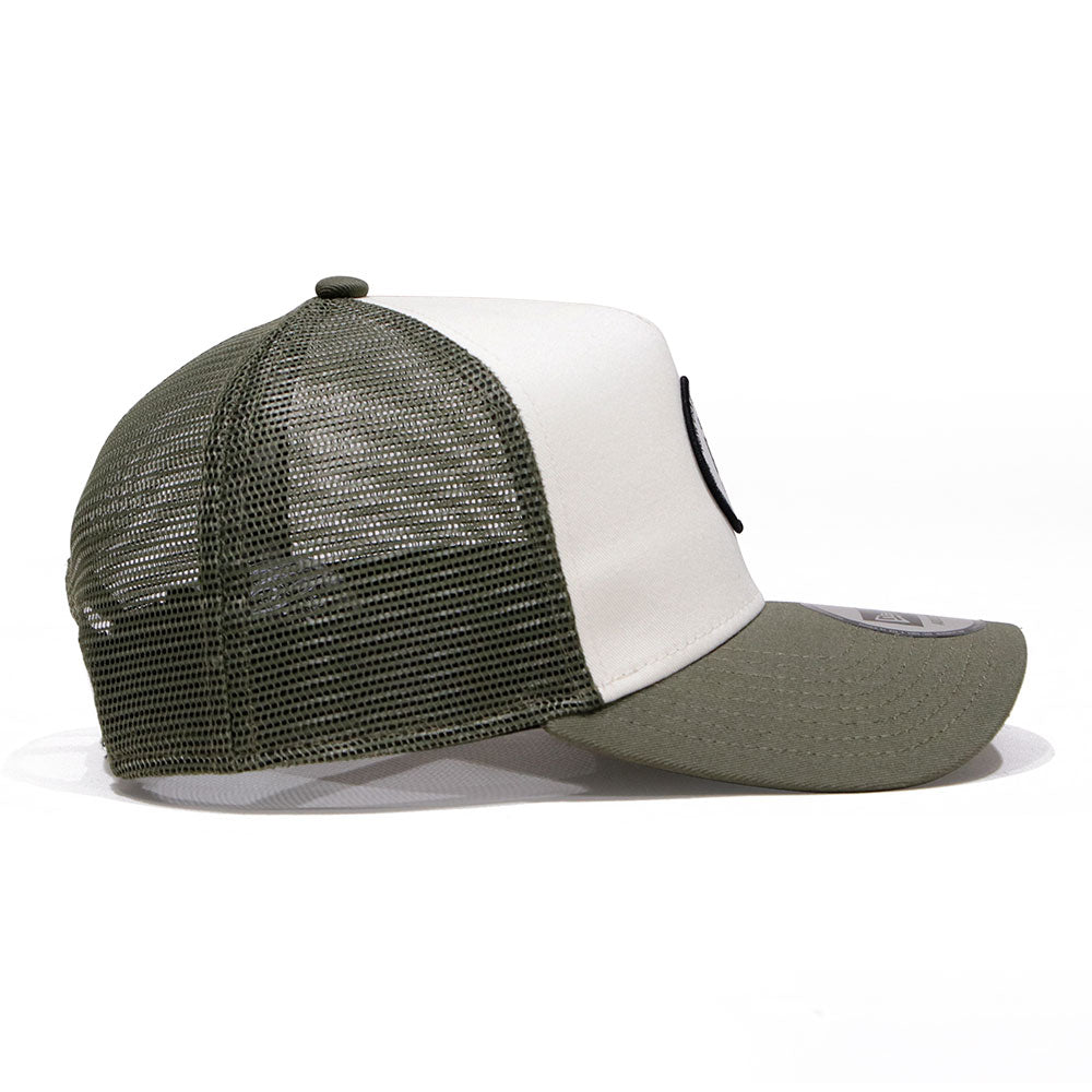New Era 9FORTY A-Frame Round Patch Chrome White Olive Trucker Cap