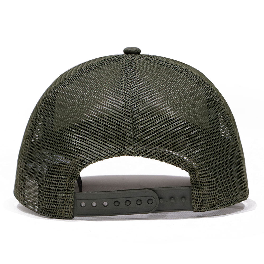 New Era 9FORTY A-Frame Round Patch Chrome White Olive Trucker Cap
