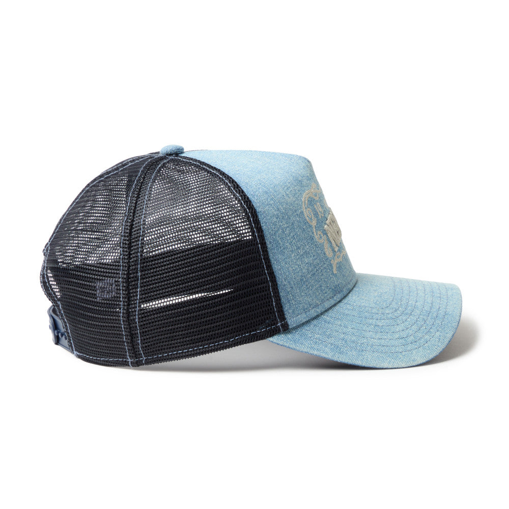 New Era 9FORTY A-Frame Frame Logo Washed Denim Snapback Trucker Cap