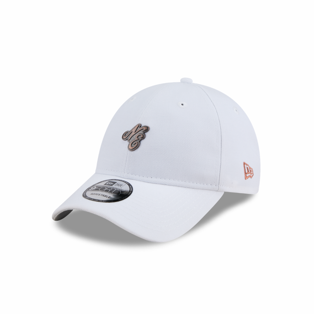 New Era 9FORTY NE Script Metal Bronze Badge White Unstructured Adjustable Cap
