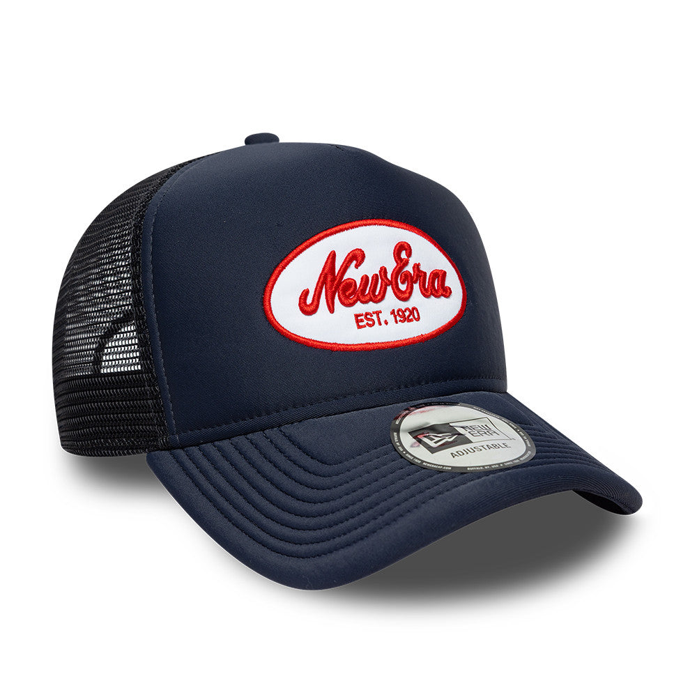 New Era 9FORTY E-Frame Script Logo Oval Foam Patch Navy Trucker Cap