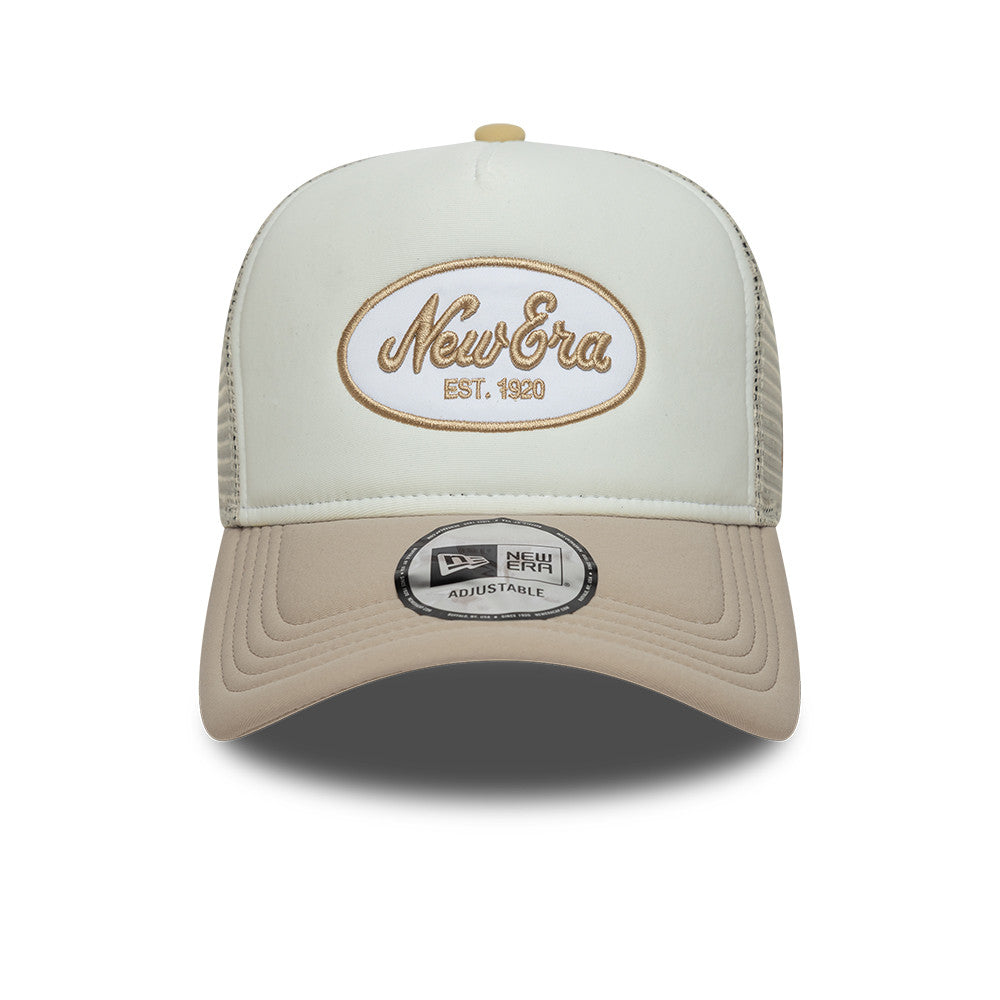 New Era 9FORTY E-Frame Script Logo Oval Foam Patch White Camel Trucker Cap