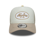 New Era 9FORTY E-Frame Script Logo Oval Foam Patch White Camel Trucker Cap