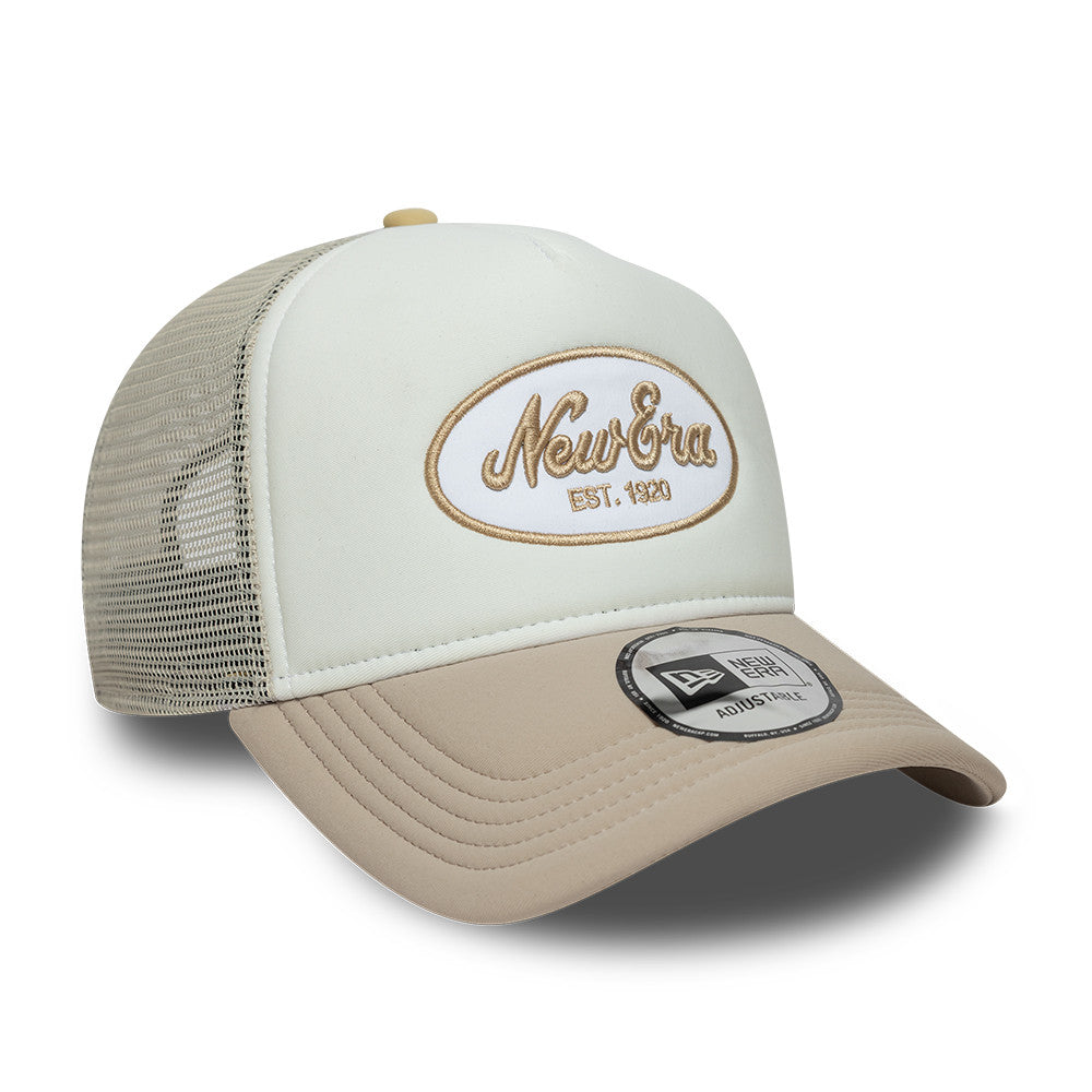 New Era 9FORTY E-Frame Script Logo Oval Foam Patch White Camel Trucker Cap