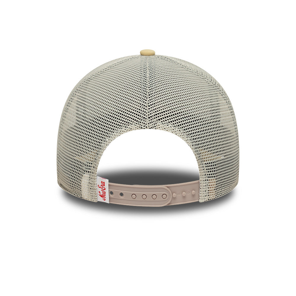 New Era 9FORTY E-Frame Script Logo Oval Foam Patch White Camel Trucker Cap
