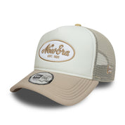 New Era 9FORTY E-Frame Script Logo Oval Foam Patch White Camel Trucker Cap